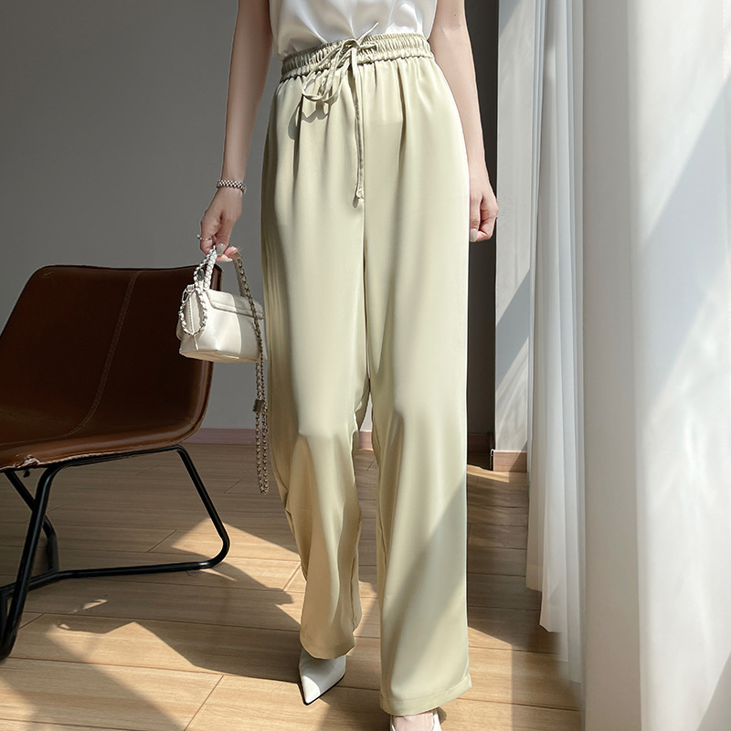 Women's Summer Thin Wide-Leg Pants, Satin Acetate Straight-Leg Pants, Chinese Style, High-Waisted, Slimming, Drapey, Sun-Protective, Casual, Cool Pants