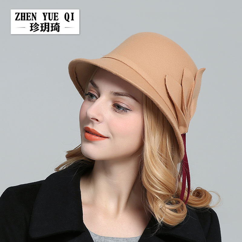 Zhenyueqi European and American British style women's top hat autumn and winter warm imitation wool felt hat fashion leaf flower hat