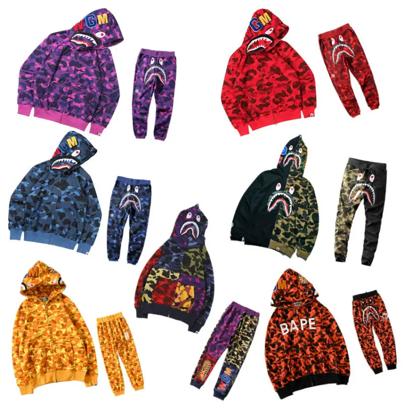 New Cardigan Hooded Sweatshirt 3D Digital Print Jacket Pants Set Sweatpants Trendy Brand Bape Shark Head Camouflage