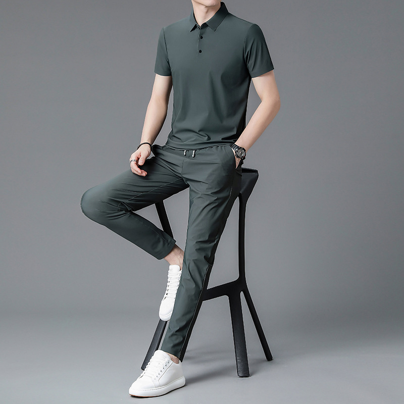 2023 ice feeling running sportswear suit men's summer thin ice silk lapel T-shirt men's leisure suit wholesale