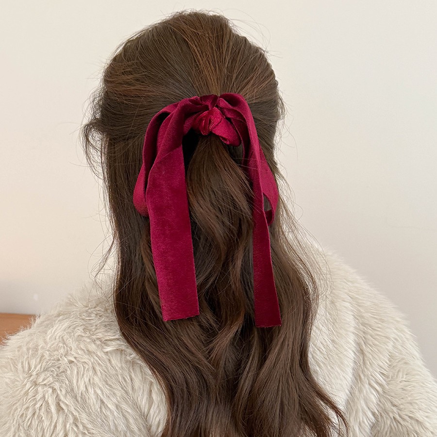 Japanese and Korean High-end Sense Red Bow Ribbon Autumn and Winter New Style Tie Hair Half Tie Hair Colorectal Hair Ring Hair Rope Hair Accessories