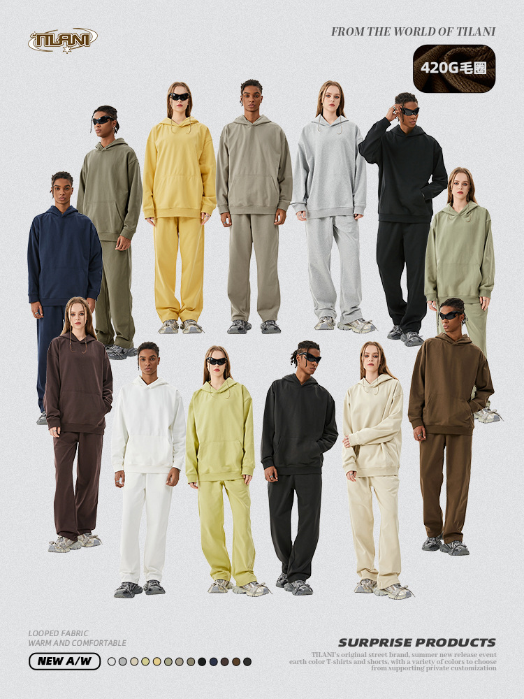 Tilani Men's Clothing 2026 Heavyweight Terry Sweatshirt and Sweatpants American Style Trendy Brand Solid Color Trendy Men's Set Hoodie Straight-Leg Pants