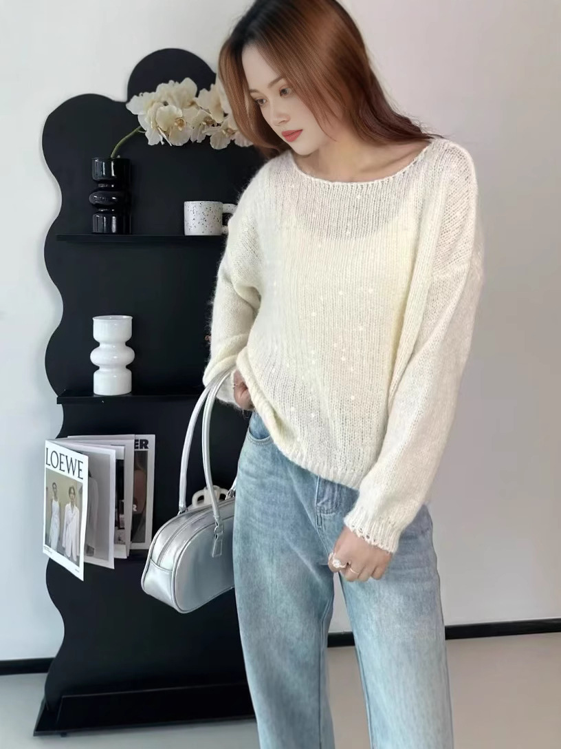 Heavy-Duty Sequin Mohair Pullover Sweater for Women, Thin Style, 2025 Autumn and Winter Design, with a Lazy and Soft Knit Feel