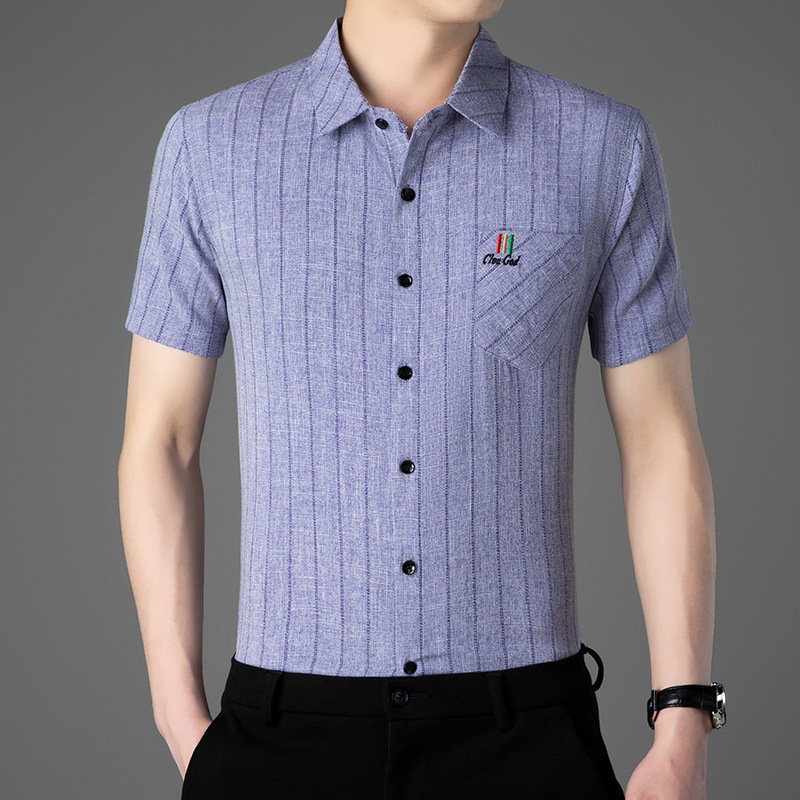 Summer New Men's Short-Sleeved Striped Shirt Middle-Aged Men's Imitation Linen Casual Breathable Short-Sleeved Shirt Men's Clothing