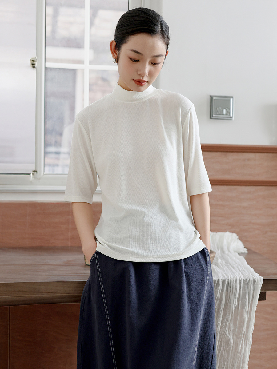Spring new half high collar half sleeve bottoming shirt women's basic Joker solid color high sense wool T-shirt jacket wholesale