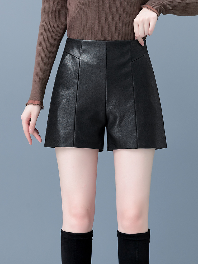 Leather shorts women's autumn and winter 2023 new Korean style outerwear A- line wide leg PU leather pants slimming high waist casual boot pants
