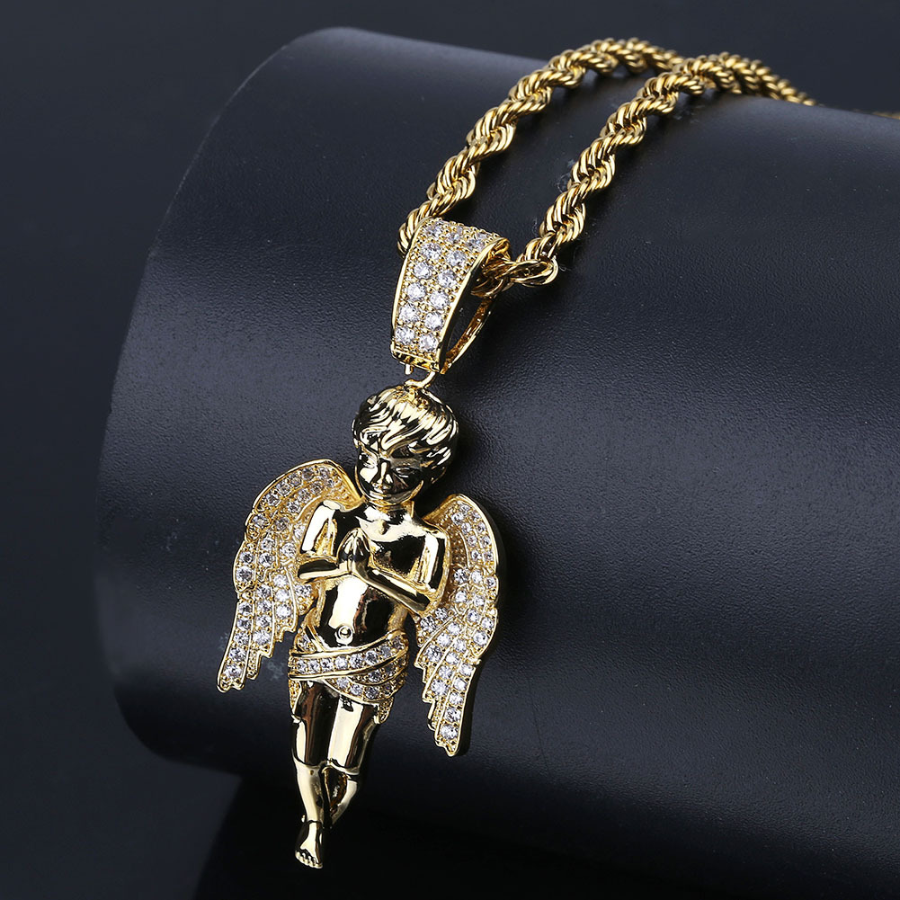 Angel Pendant Gold-Plated Two-Tone Micro-Inlaid Zircon Hip-Hop Punk Men's Necklace Angel Pendant Necklace