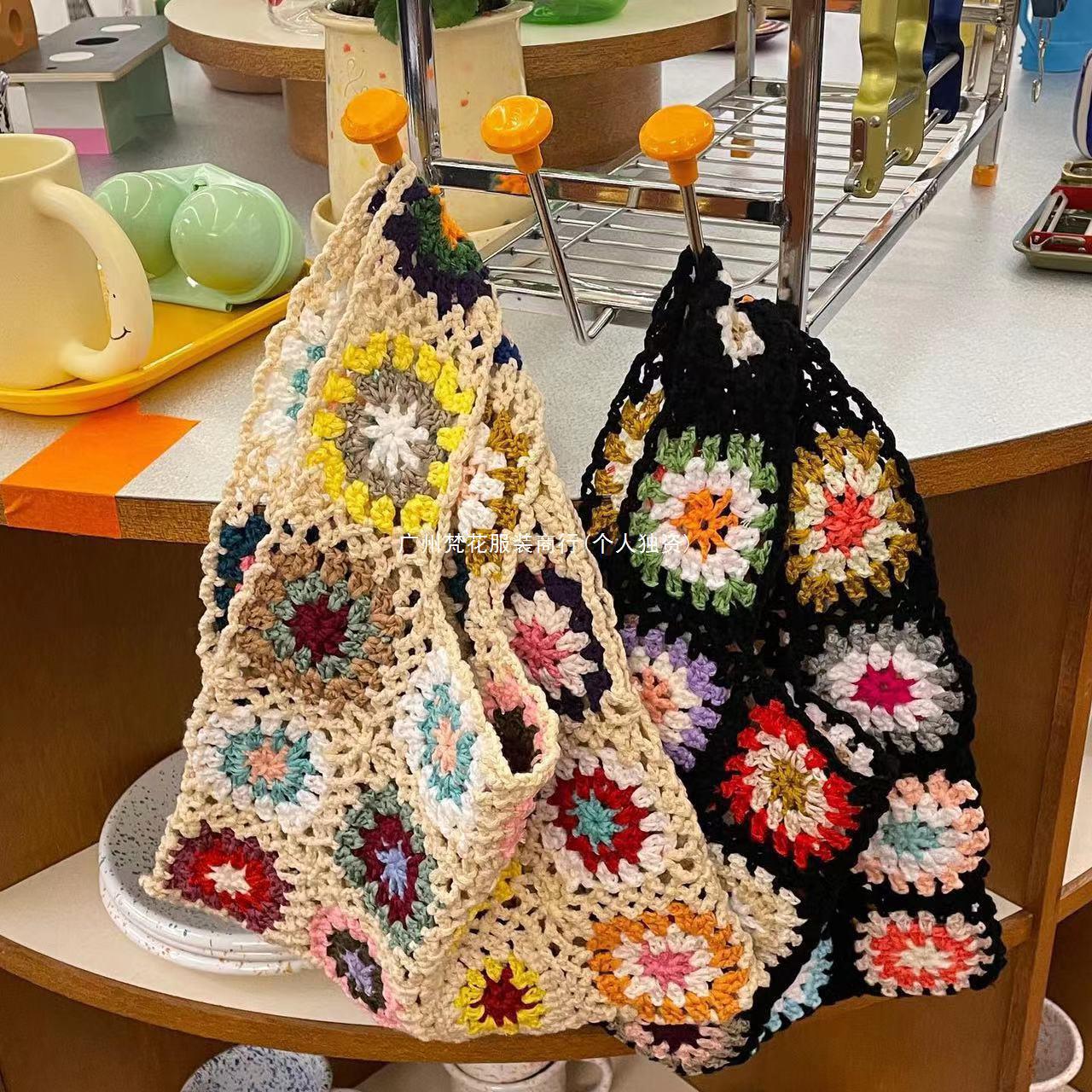 Korean Style Spring and Summer Vacation Retro Pastoral Style Bag Women's Handmade Crochet Woven Bag Handbag Family Cotton Bag