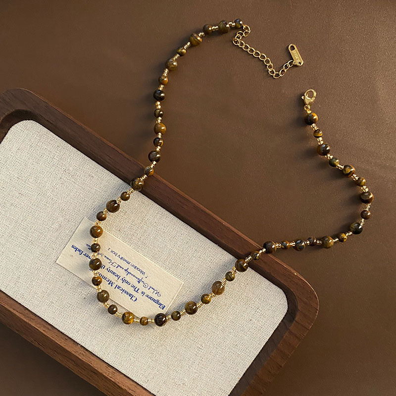 Distinctive Maillard Style Niche Vintage Handmade Beaded Necklace Tiger Eye Imitation Pearl Fashion All-match Clavicle Chain Trendy