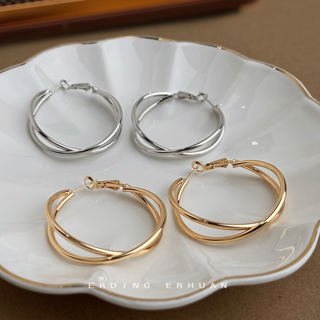 Fashion high-grade sense plating 14K rotating geometric cross round ear ring temperament exaggerated commuter circle earrings earrings