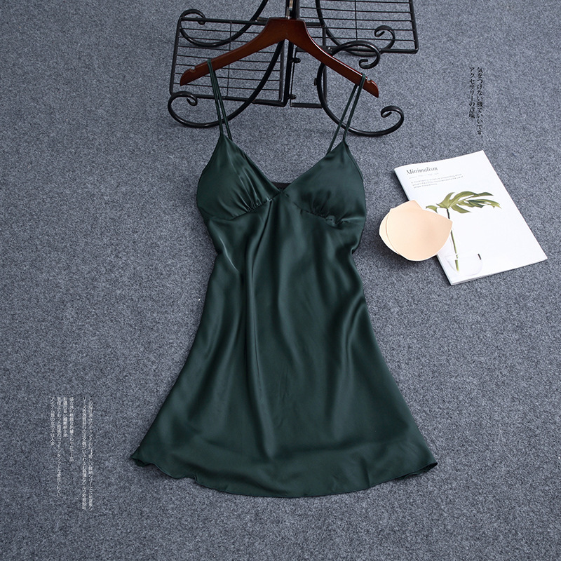 Nightgown for Women Summer Ice Silk Solid Color Suspenders Thin Pajamas Home Clothes with Chest Pad Wholesale Satin Chiffon