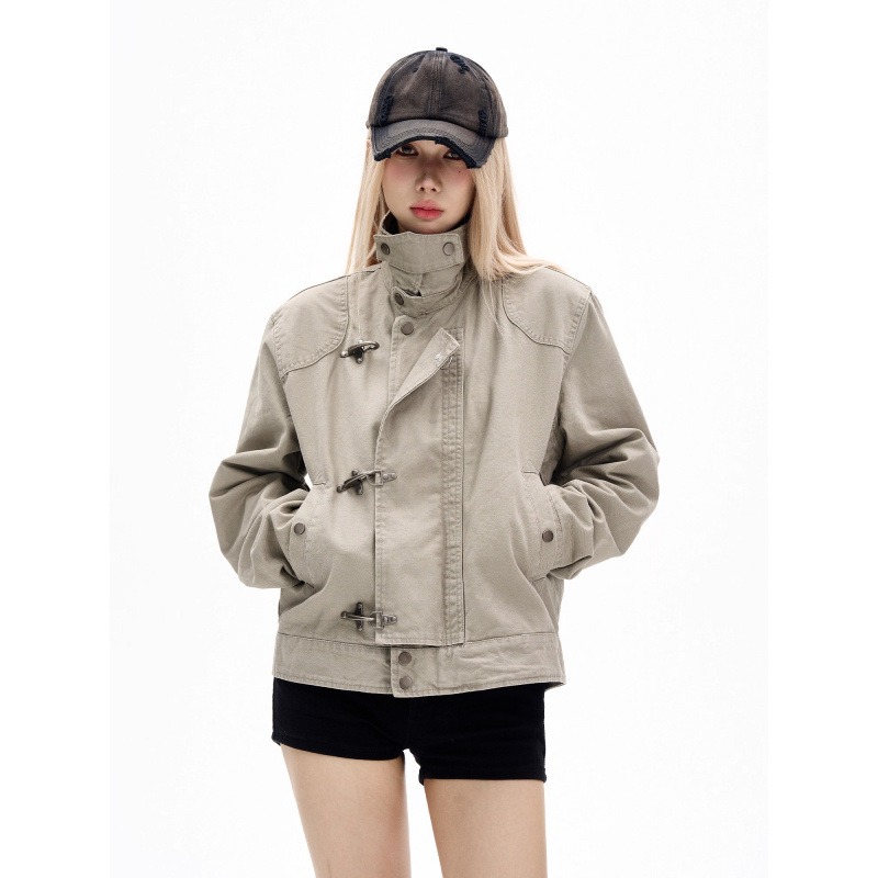 American Retro Cleanfit Distressed Metal Lobster Clasp Stand Collar Jacket for Women Early Autumn Casual Versatile Coat QC-foto från 1688 på Qualit.ly
