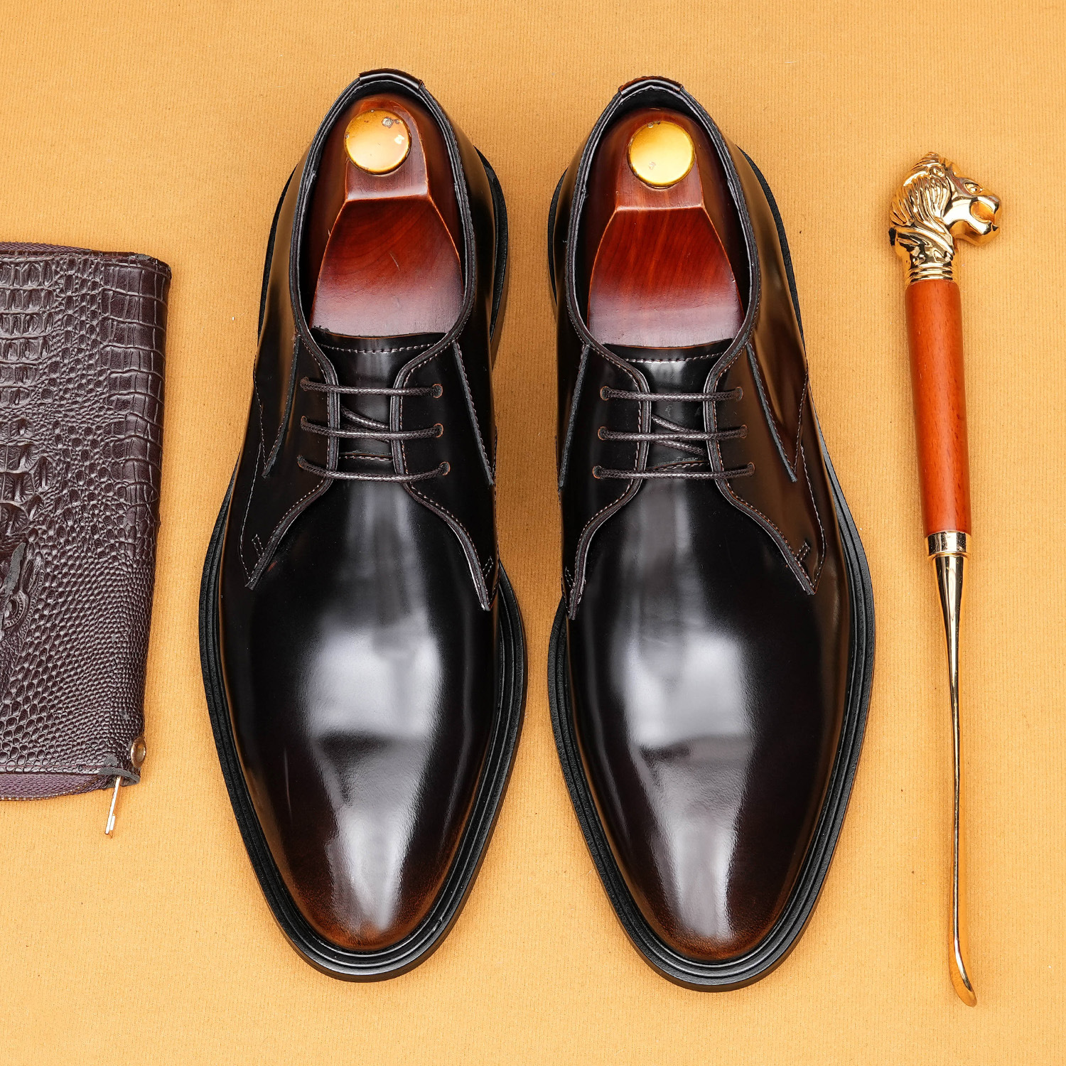 Men's Plain Lace-Up Derby Shoes, Genuine Leather Business Formal Shoes, British Style Workplace Commuting Shoes, Large Size Wedding Shoes for Men