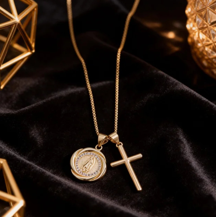 Cross-Border European and American Hot-Selling Same Style Virgin Mary Cross-Shaped Zircon Necklace for Women, Simple and Fashionable Pendant Necklace