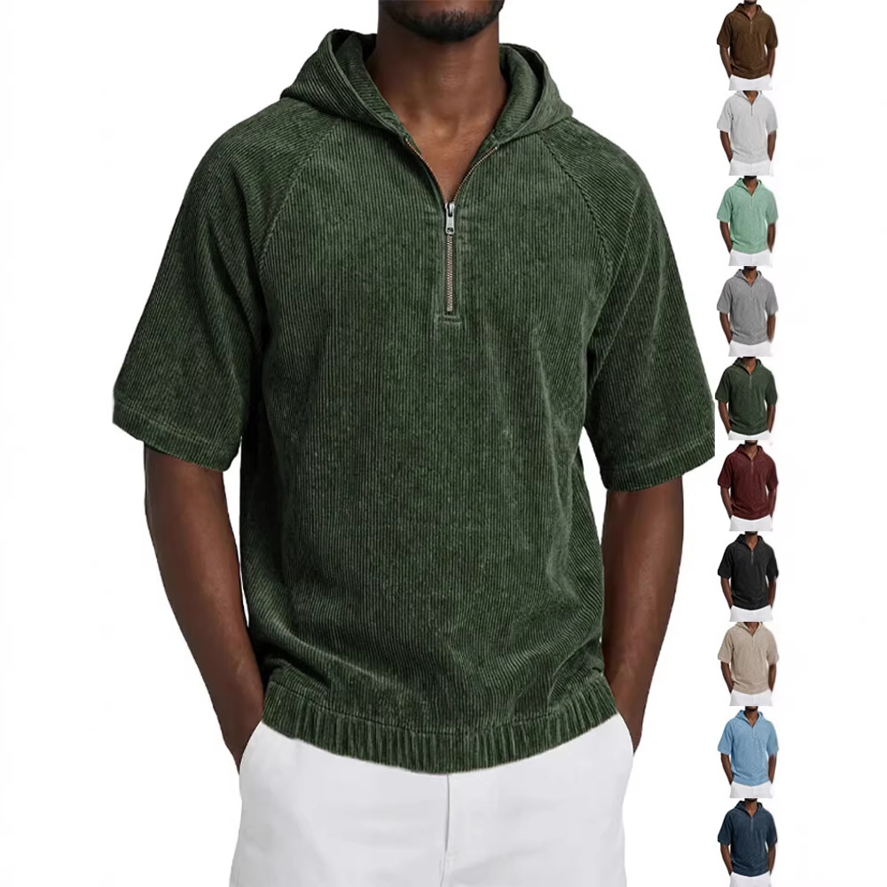 Cross-Border Amazon American-Style Casual Half-Zip Hooded Short-Sleeve T-Shirt European and American Men's Corduroy Raglan Sleeve Top