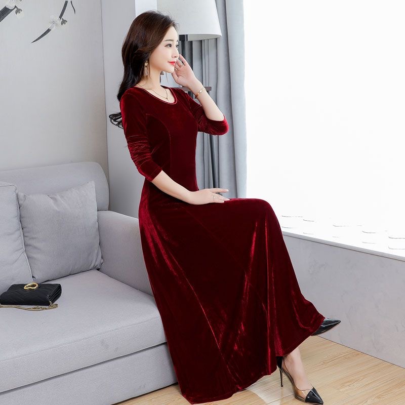 Spring Autumn Winter New Golden Velvet dress Elegant Long Round Neck Long Sleeve Cheongsam plus size Women Base Skirt Long Skirt