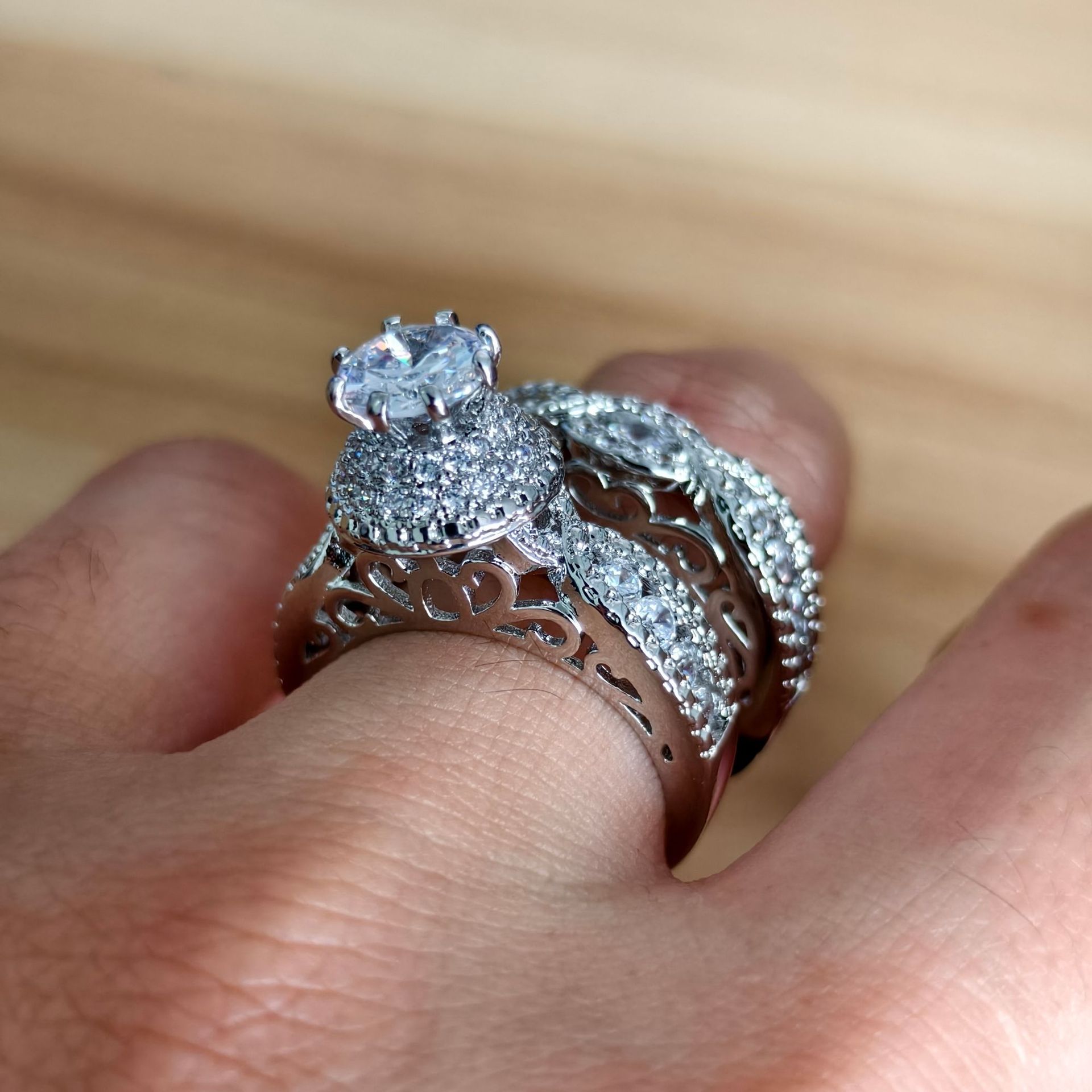 Cross-Border Temu Double-Layer Micro-Inlaid Zirconia Ring Set, Hollow Design Double Rings for Stacking, Niche Light Luxury Rings