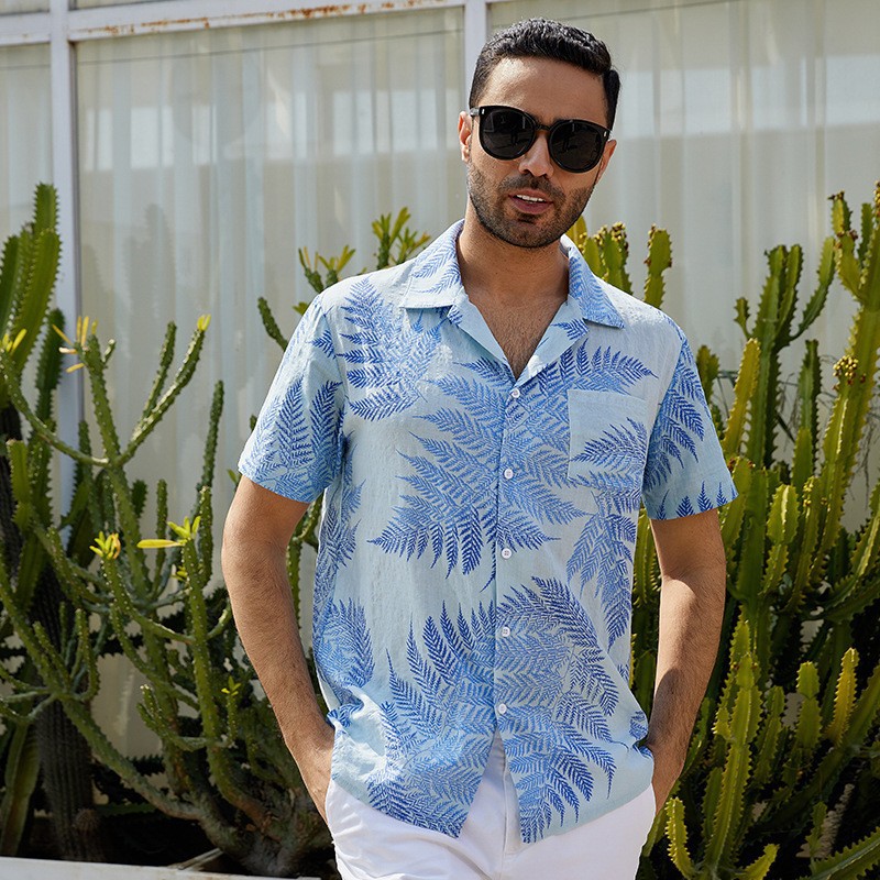 Aliexpress Amazon 2026 Summer European and American Men's Casual Loose Beachwear Maple Leaf Print Short Sleeve Shirt