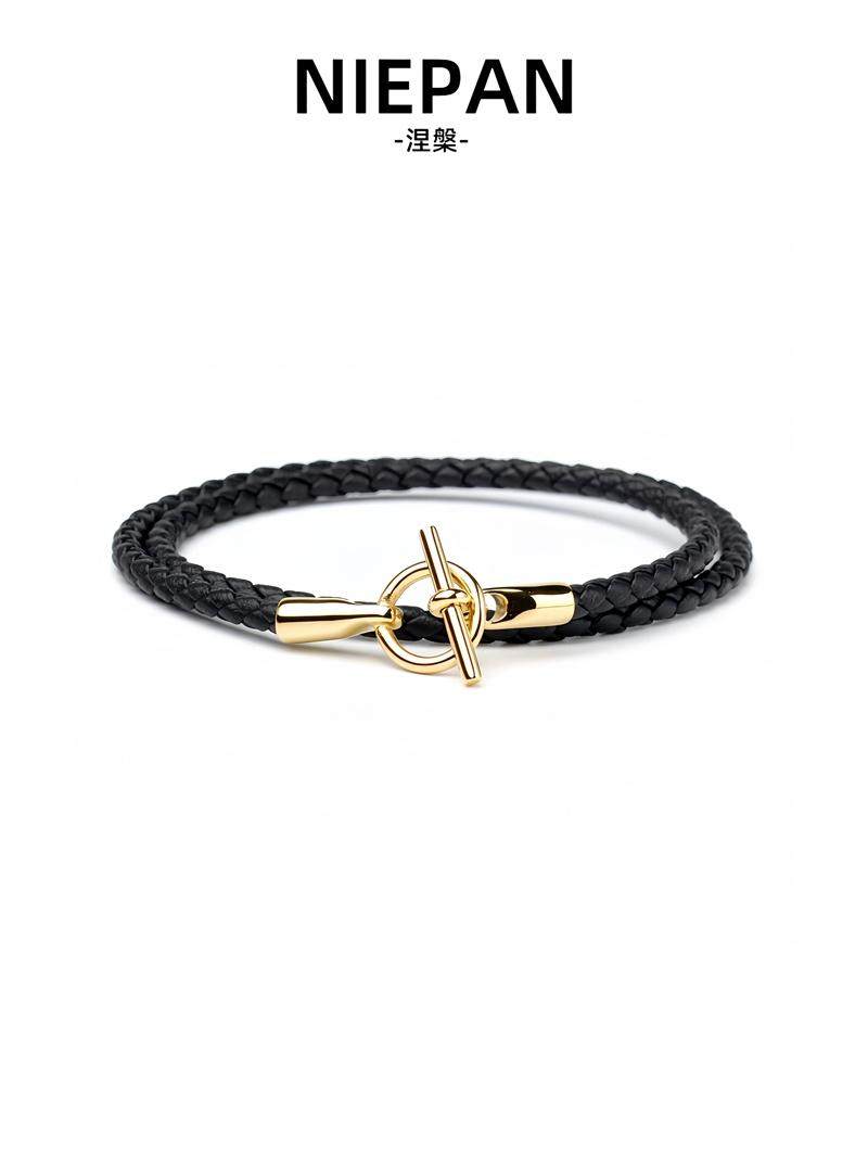 Trendy Luxury Leather Rope Bracelet for Men and Women, Gold Titanium Steel, High-End Double-Circle Stacked Leather Couple Bracelet, Red String for the Year of Birth Foto QC da TAOBAO su Qualit.ly