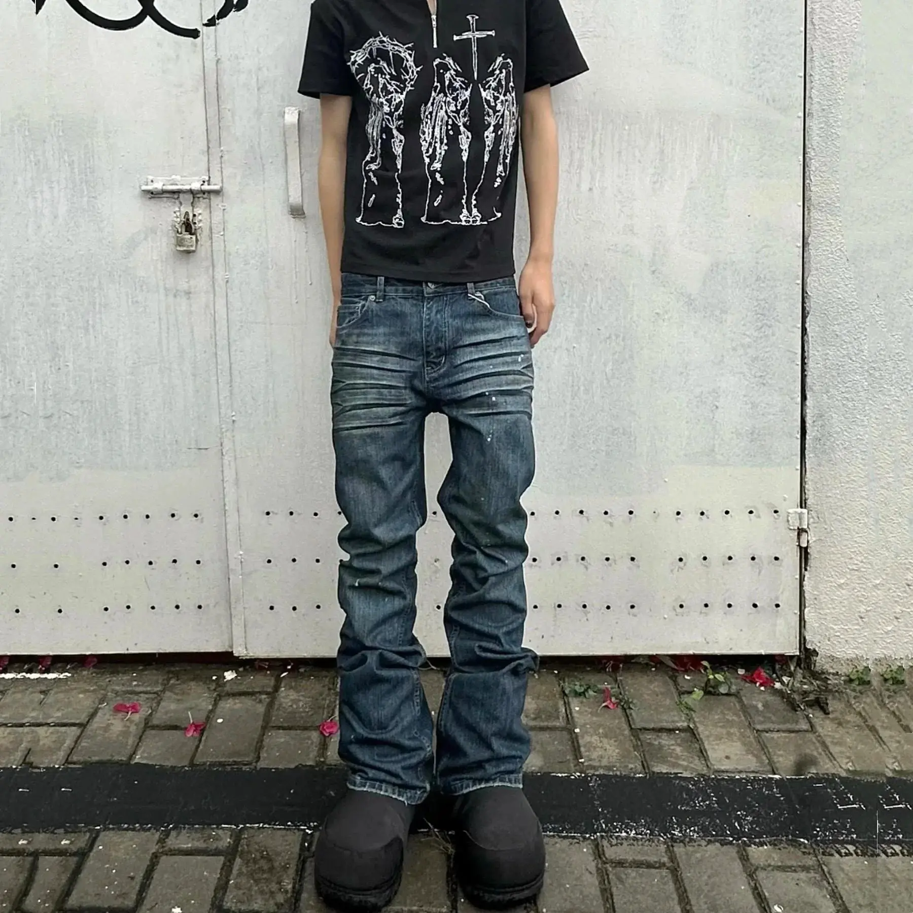 【现货】美式重磅bootcut脏染微喇修身做旧牛仔裤Cleanfit长裤男