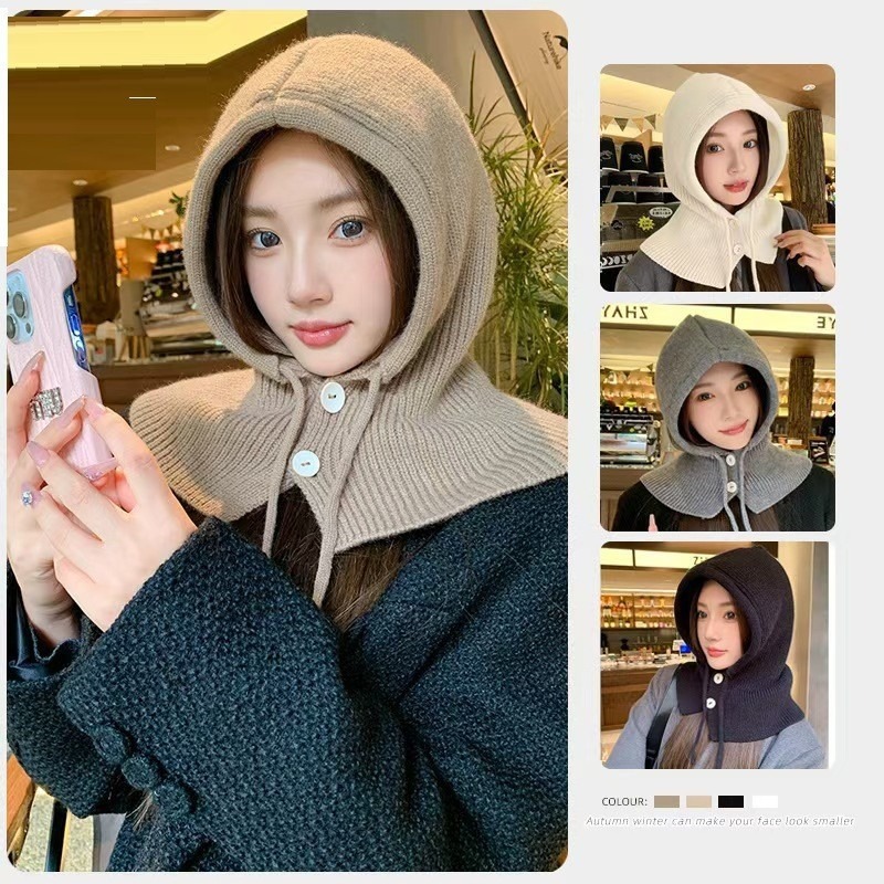 Ear protection shawl wool hat scarf all-in-one women's autumn and winter balaclava hat warm big head knitted hat