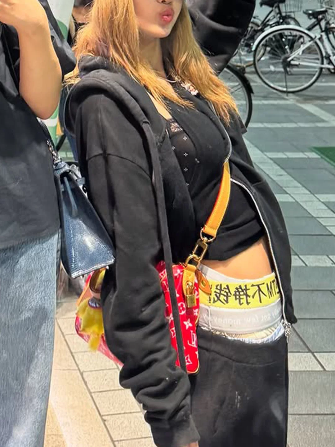 Pary European and American Street Style Lisa Same Style High-Waisted Multi-Layer Waistband Black Unisex Sweatpants Long Pants