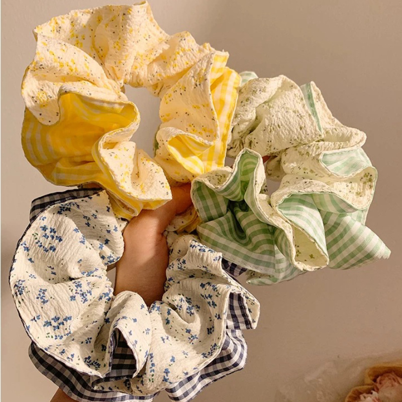 Spring Whispers ~ Yellow Plaid Scrunchie for Women, High-End Lazy Style Hair Tie for Bun Hairstyle