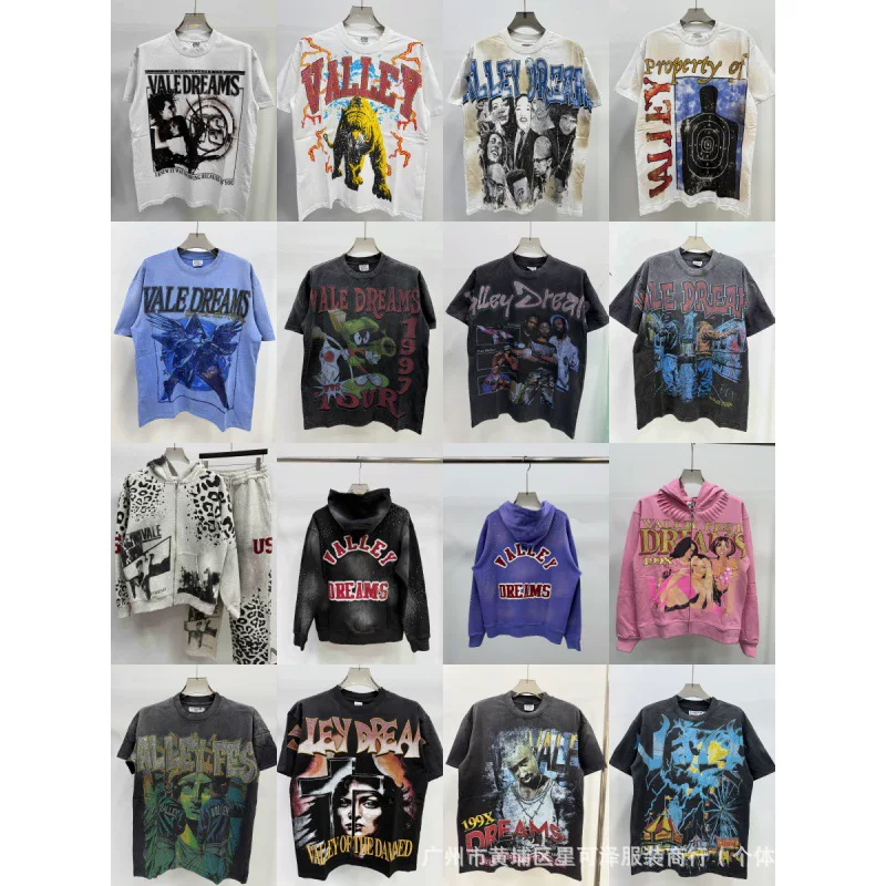 Vale Sports Valley Dreams Washed Vintage Print European and American Hip-Hop Loose Short-Sleeved T-Shirt for Men QC-foto van TAOBAO op Qualit.ly