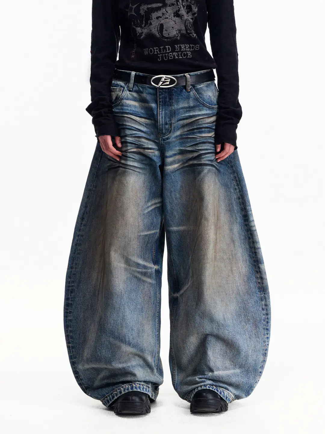 Peoplesense American Retro Washed Scimitar Jeans, High Weight, Wear-Resistant, Loose Silhouette, Wide-Leg Trousers