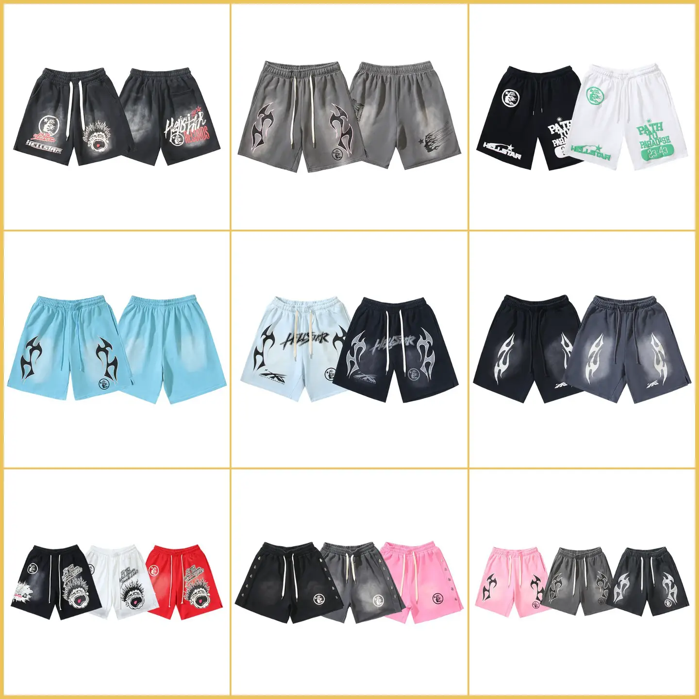 European and American Trendy Brand New Washed and Distressed Flame Print Hell Star Casual Shorts Large Size Five-Point Pants