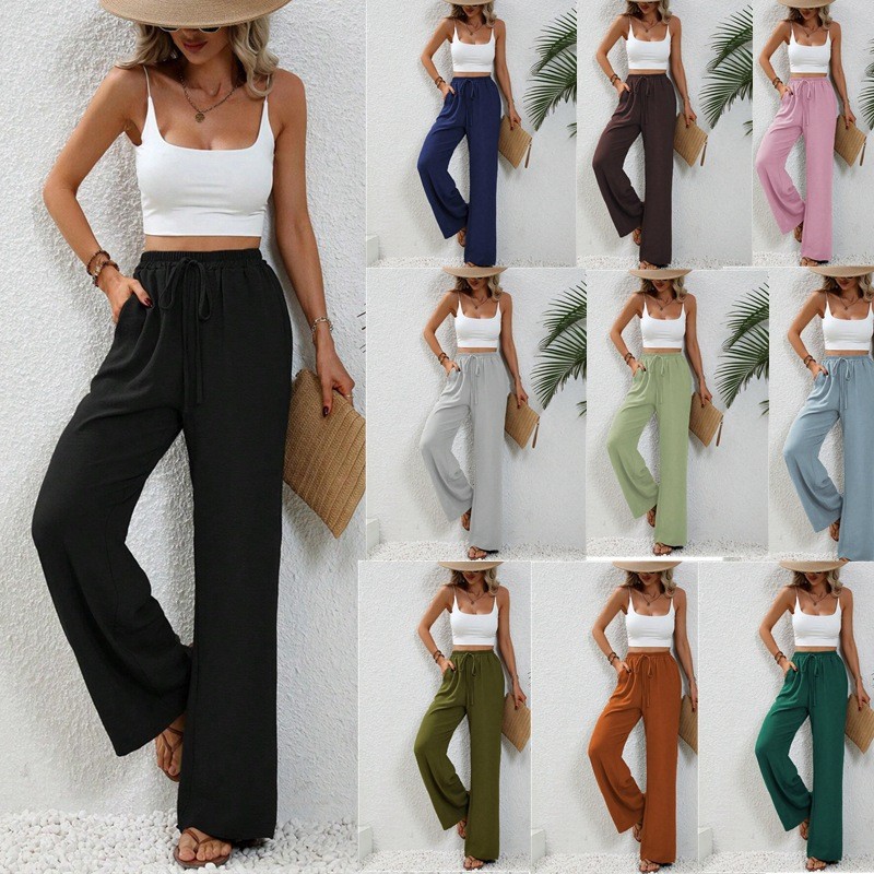 Amazon Tiktoktemu European and American Women's Fashion 2025 Spring and Summer New Versatile Solid Color Floor-Length Wide-Leg Pants Casual Pants