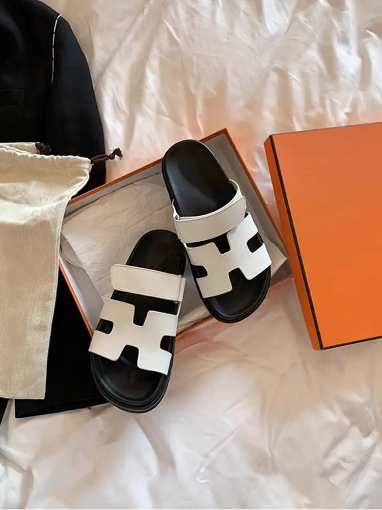 2025 New arrival Genuine Leather Velcro Sandals Women's K-style Color Block Erjiu Slippers Casual Thick Sole Flat Shoes Summer