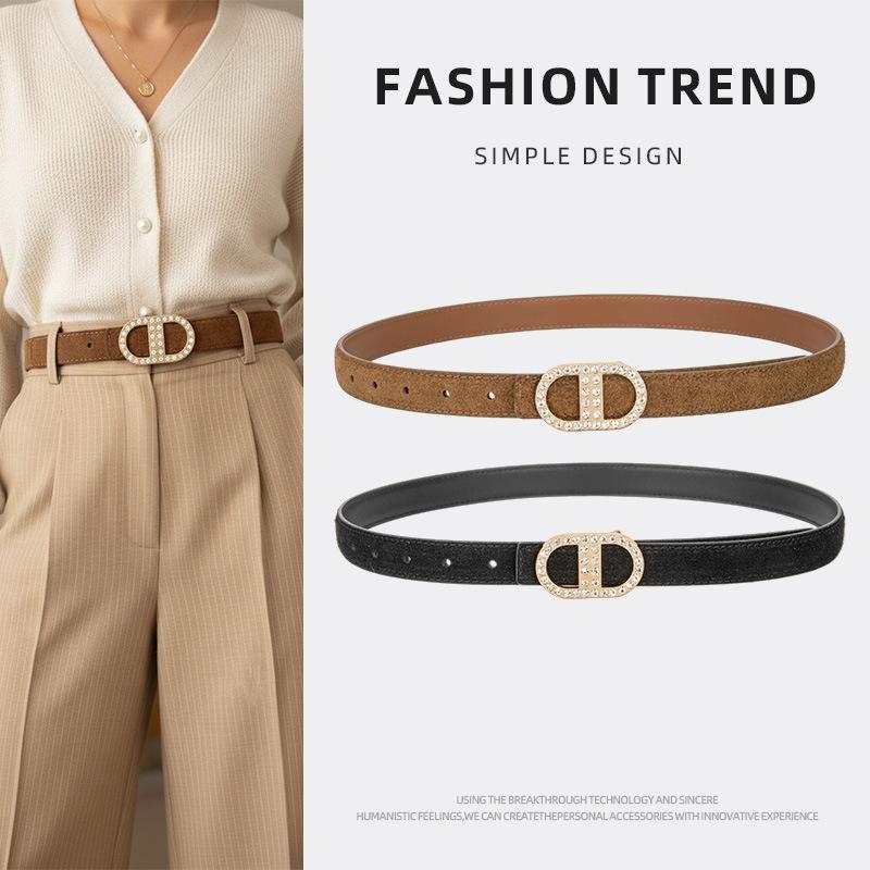 Two-Layer Cowhide Cd Buckle Rhinestone Belt for Women, Versatile Waist Belt for Commuting, Suits, Jeans, and Dresses