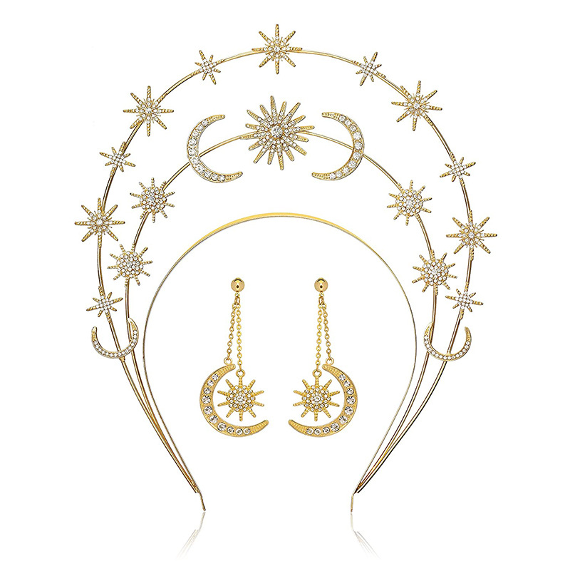 Cross-Border European and American Sun Goddess Crown Headband Three-Layer Star Moon Headdress Headband Long Earrings Bohemian