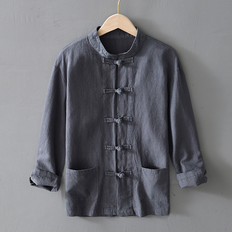 L919 buckle Ramie long sleeve cotton shirt men's Chinese style youth casual loose linen shirt a generation of hair