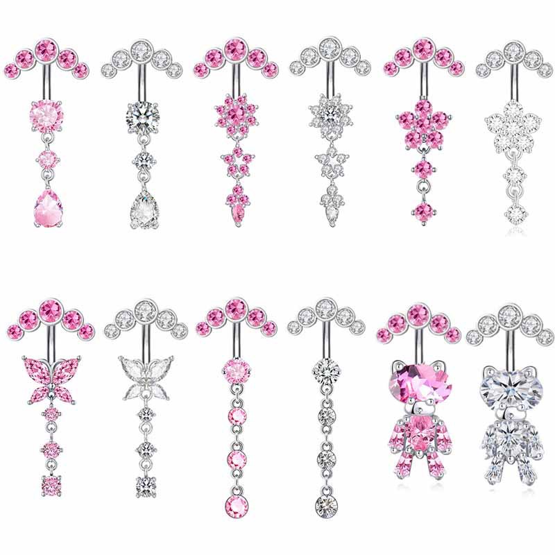 14G Perforated Navel Nail Light Luxury Spice Girl Pink Water Drop Navel Nail Stainless Steel Navel Ring Abdominal Piercing Jewelry