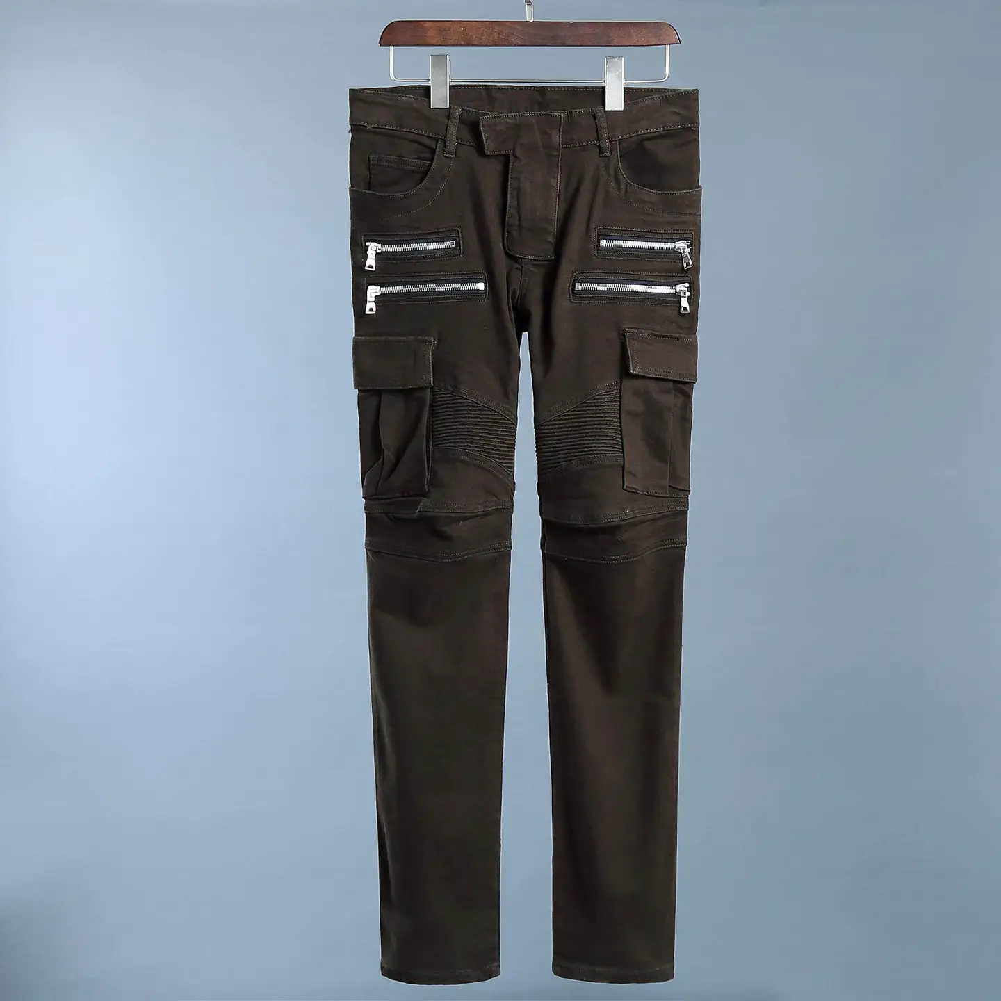 New fashionable motorcycle jeans with slim fit, knee fold, outdoor sports and leisure workwear, punk multi pocket pants for men