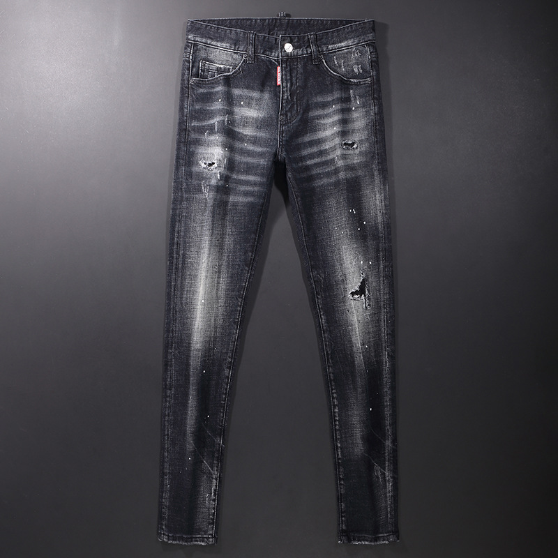 European Station Trendyy New Style Ripped Slim Fit Slightly Elastic Paint Simple and Elegant Youth Small Feet Trendyy Men's Jeans