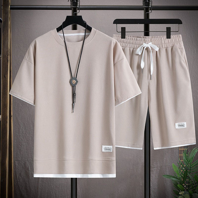 Waffle T-Shirt and Shorts Set Hong Kong Style Men's Summer New Style Supports Various Small Label Embroider and Heat Transfer Printing Process P
