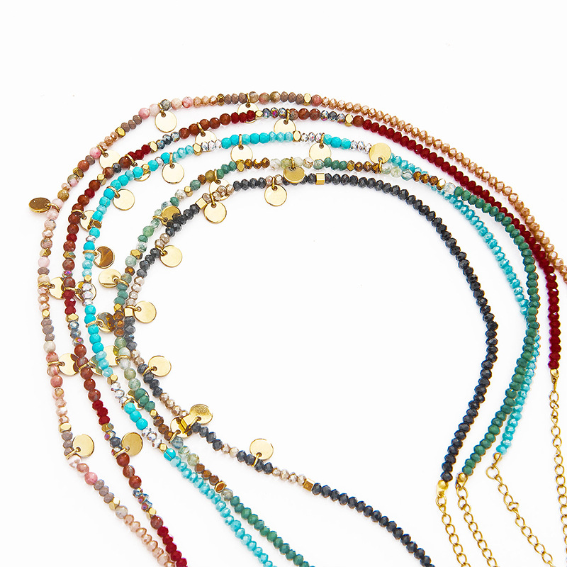 Spring and Summer Colorfuled Natural Stone Beaded Necklace for Women Stainless Steel Hand-Hanging Small Disc French Retro Stacked Clavicle Chain