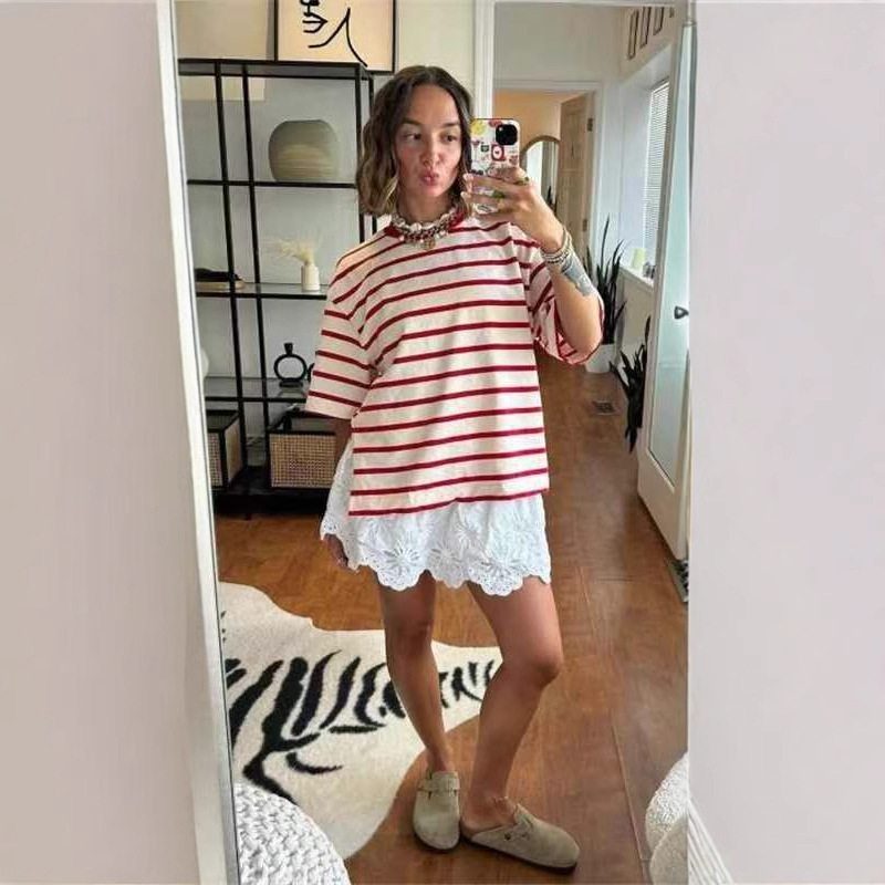 Foreign trade wholesale 2025 summer new European and American style striped hem split plus size T-shirt women's short sleeve top