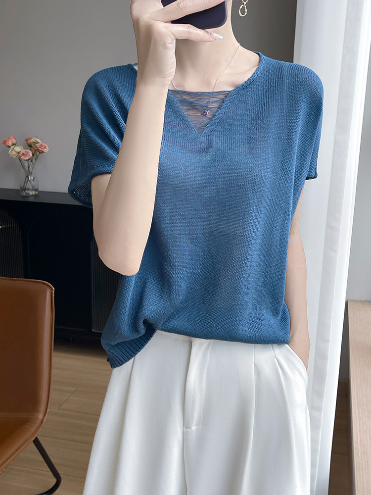 Tencel Linen Pure Color Knitted Short-Sleeved Women's T-Shirt Top Summer Thin Versatile Small Flying Sleeve Bottoming Shirt Inner Wear