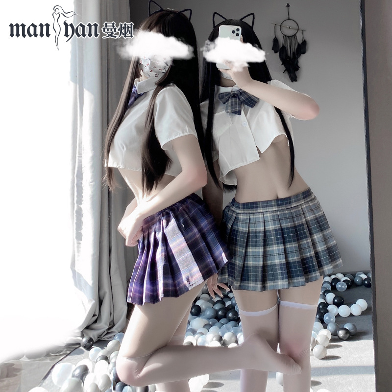 Man Smoke Lingerie Sexy Split Student JK Uniform Top Plaid Pleated Skirt suit 9940