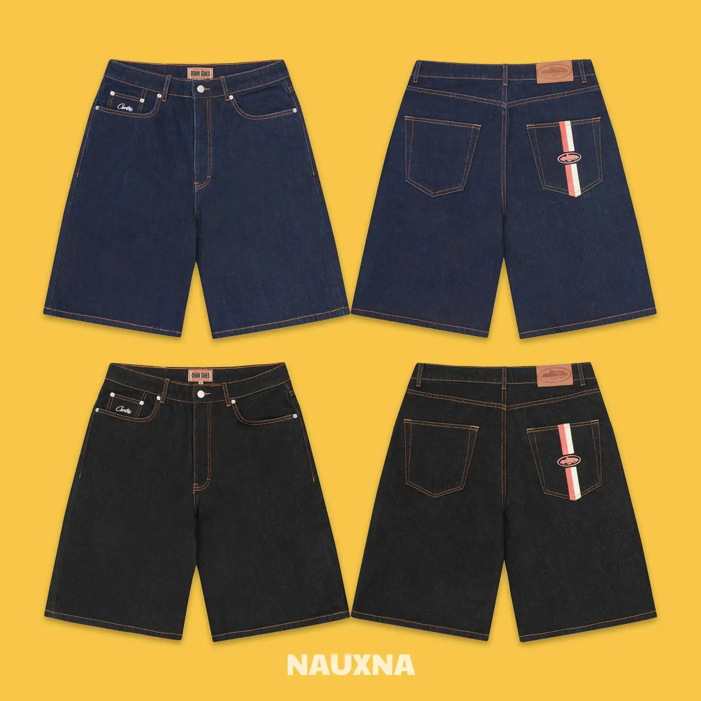 Corteiz Alcatraz Double-Striped Straight-Leg Denim Shorts for Men, Vintage Loose-Fitting Solid Color Casual Denim Shorts