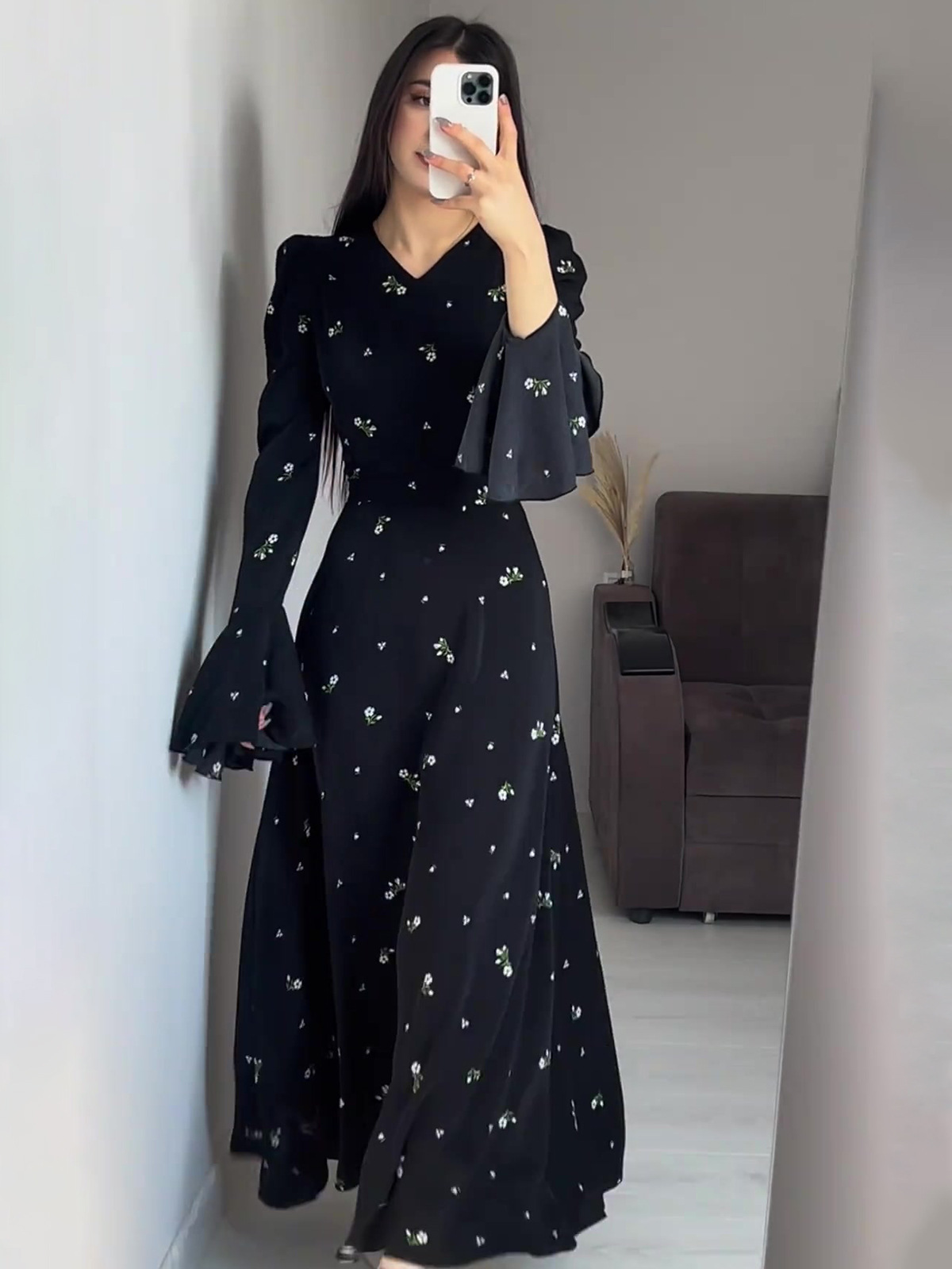European Amazon 2025 Spring New Style Ruffle Sleeve Waist-Cinching Floral Gentle Style Long Dress