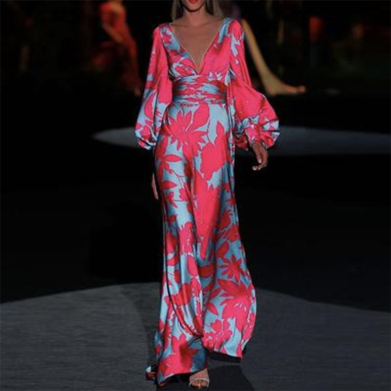 Foreign Trade 2025 Summer New Ebay Amazon European and American Fashion Casual Printed V Neck Dress Wholesale Supply