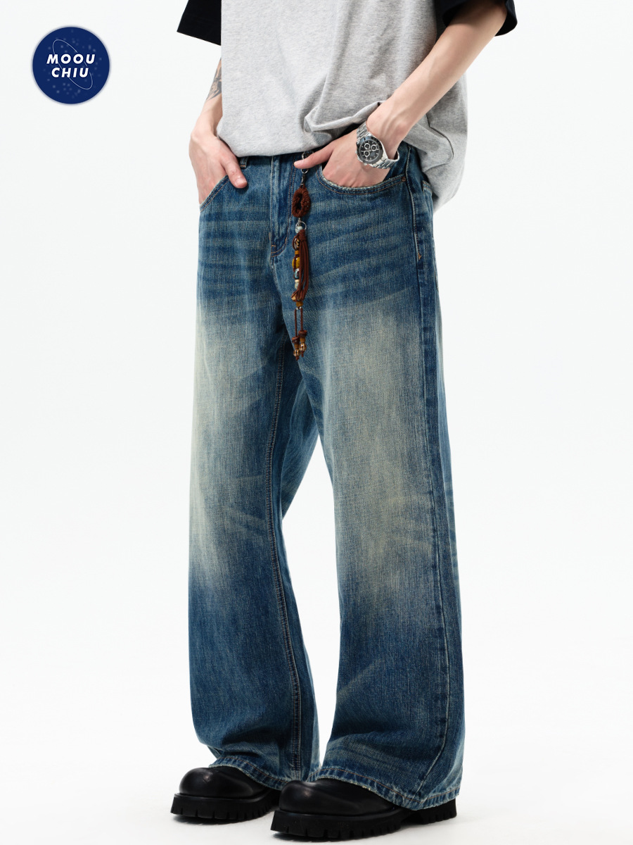 Muqiu Men's Wear | American Retro Bamboo Texture Jeans for Men, Loose Fit, Washed and Distressed Wide-Leg Long Pants