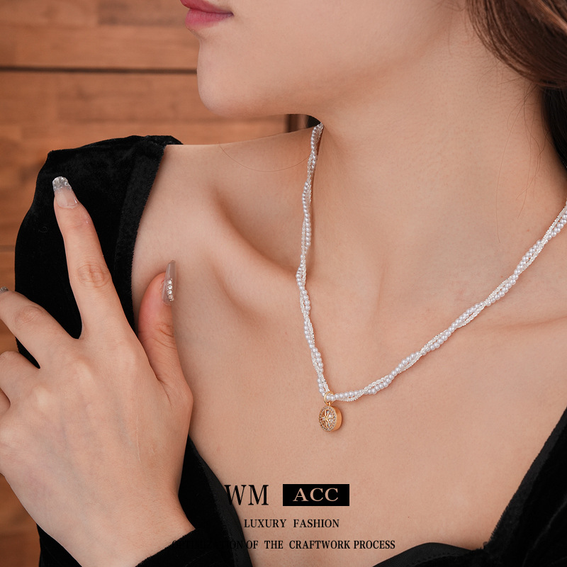 Real Gold Electroplated Zircon Double-Layered Pearl Necklace Eight-Pointed Star Pendant Clavicle Chain Elegant Accessible Luxury High-End Necklace for Women