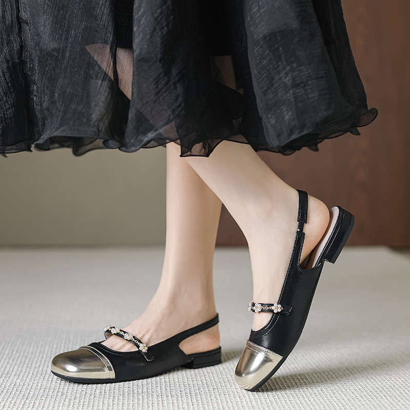 Huiliya Thick Heel Baotou Slippers Mary Jane Shoes Chanel Style Spliced Color Flat Thick Heel D996-5 Sandals