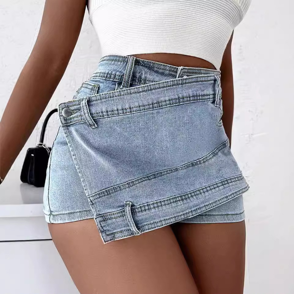 Plus Size Women's A-Line High-Waisted Irregular Wide-Leg Pants Korean Style Slimming Denim Skirt Pants Shorts Trendy Ins Fashion Brand